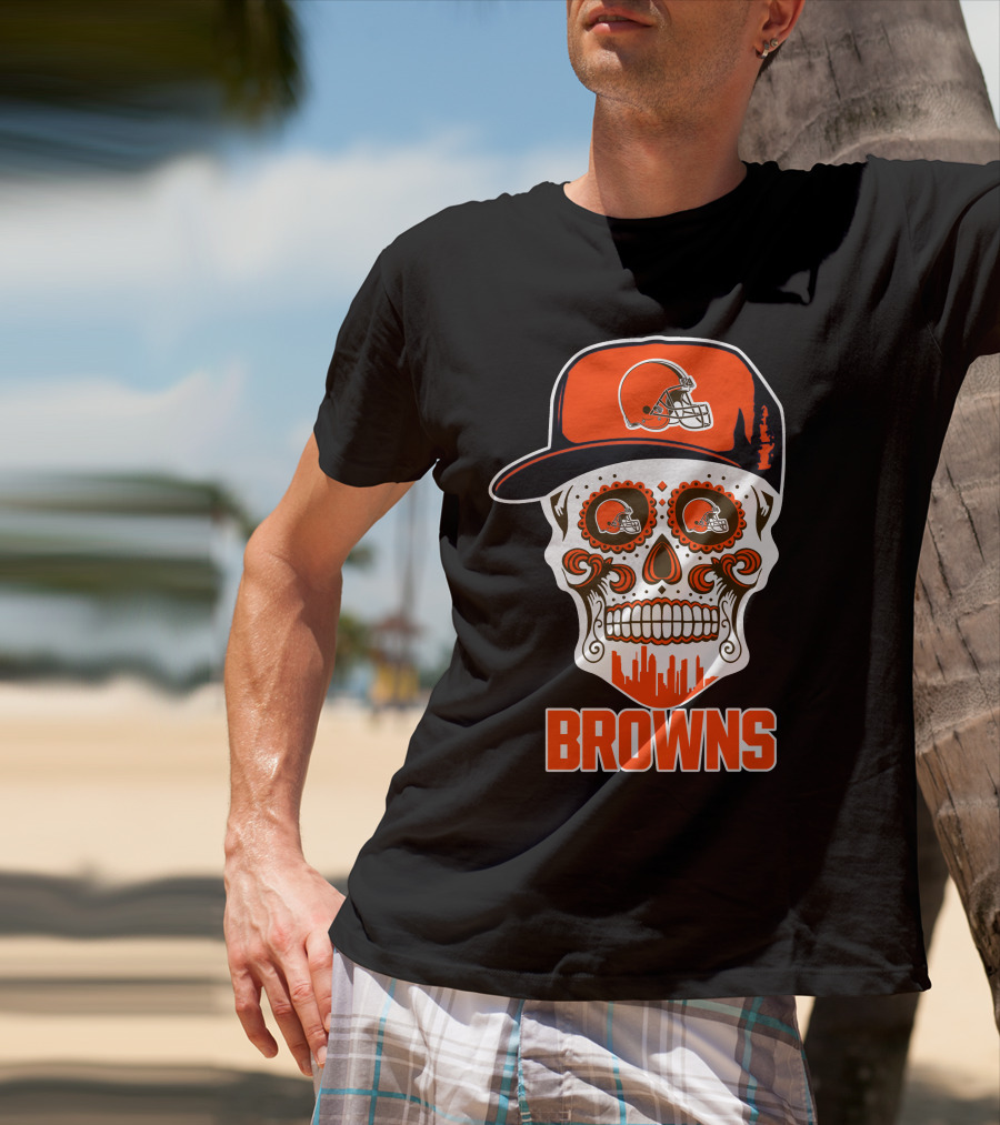 Browns Skull With Helmet And City Skyline T-Shirt