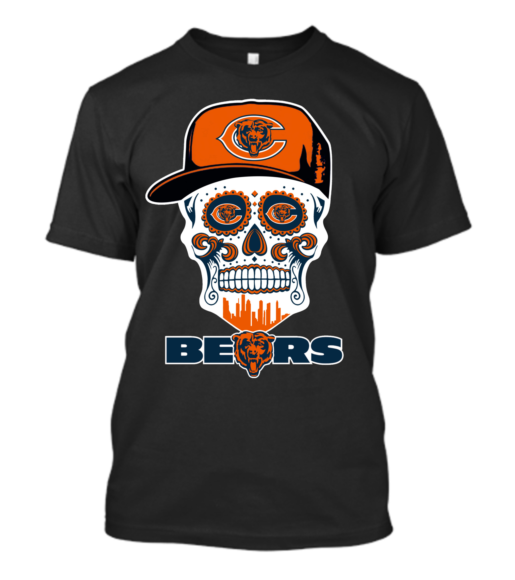 Chicago Bears Skull Hat Urban Skyline T-Shirt