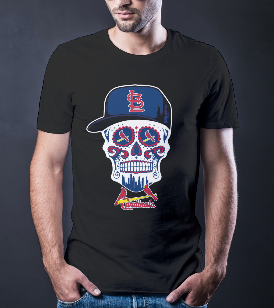 St Louis Cardinals Sugar Skull With Cap And Logos T-Shirt