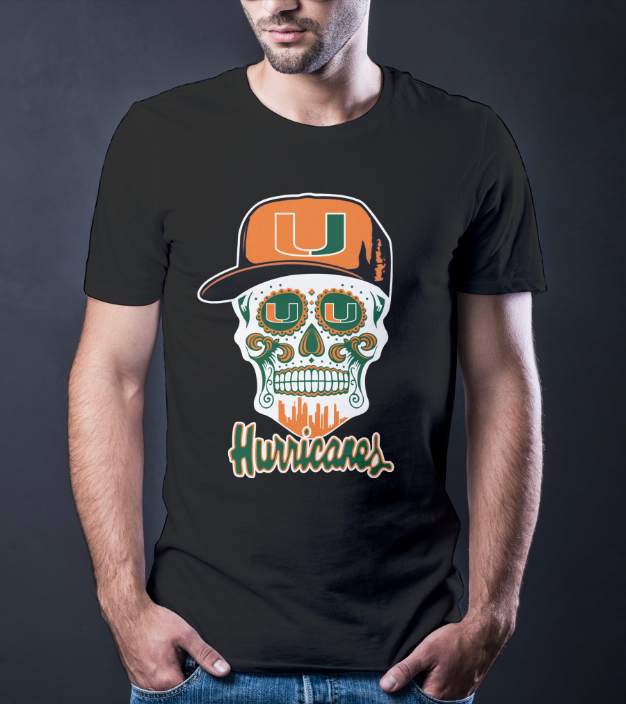 Miami Hurricanes Skull Orange And Green U Cap T-Shirt