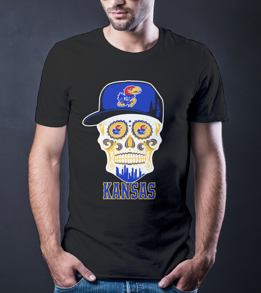 Kansas Jayhawks Skull Hat Ku T-Shirt