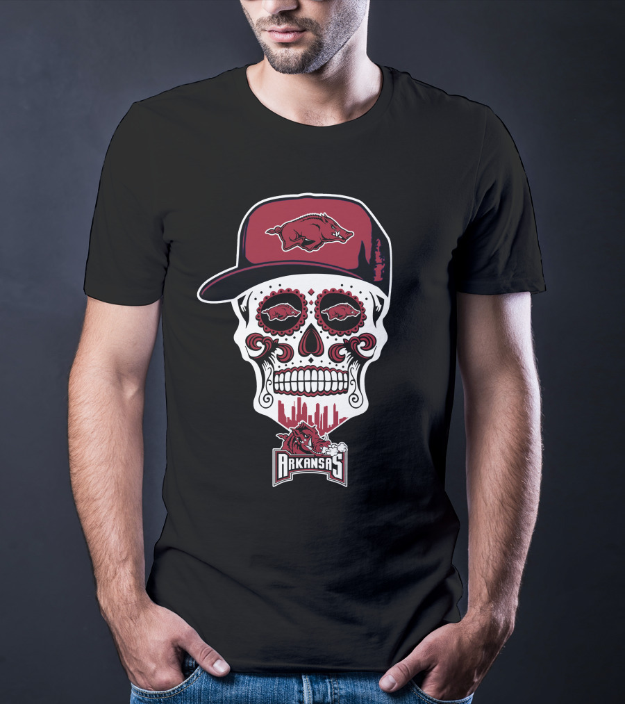 Arkansas Razorbacks Sugar Skull With Hat And Hog Logos T-Shirt