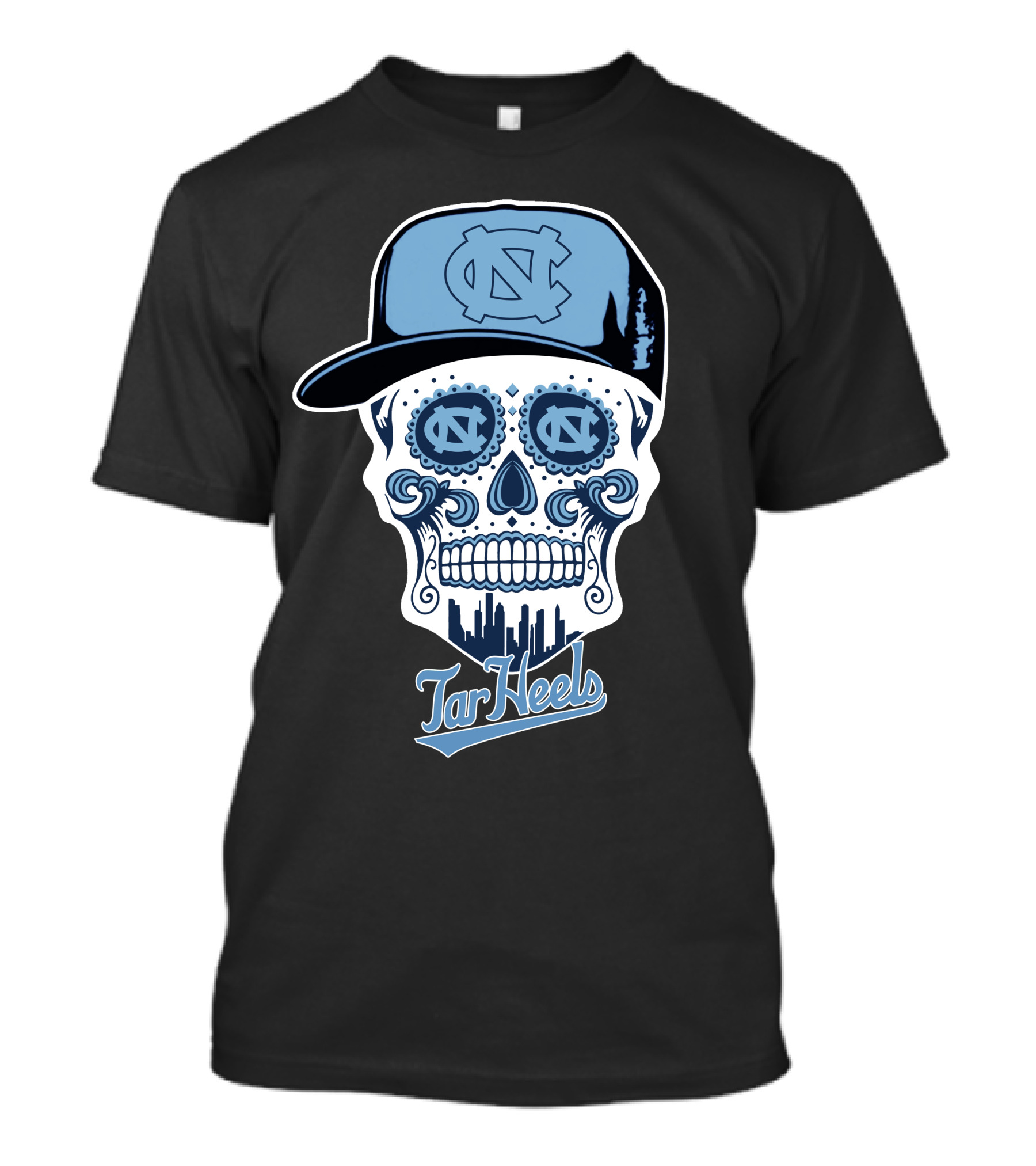 North Carolina Tar Heels Sugar Skull With Hat And Cityscape T-Shirt