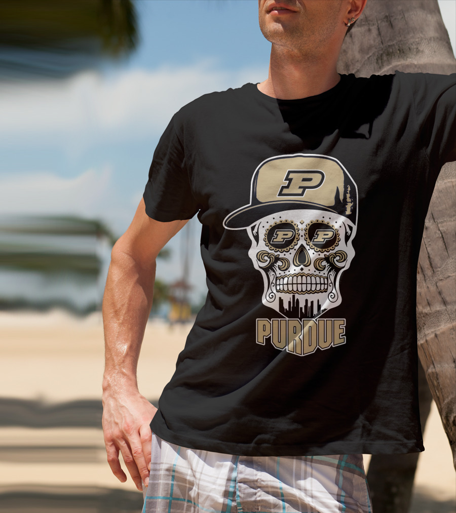Purdue Boilermakers Skull With Cap And Urban Skyline T-Shirt