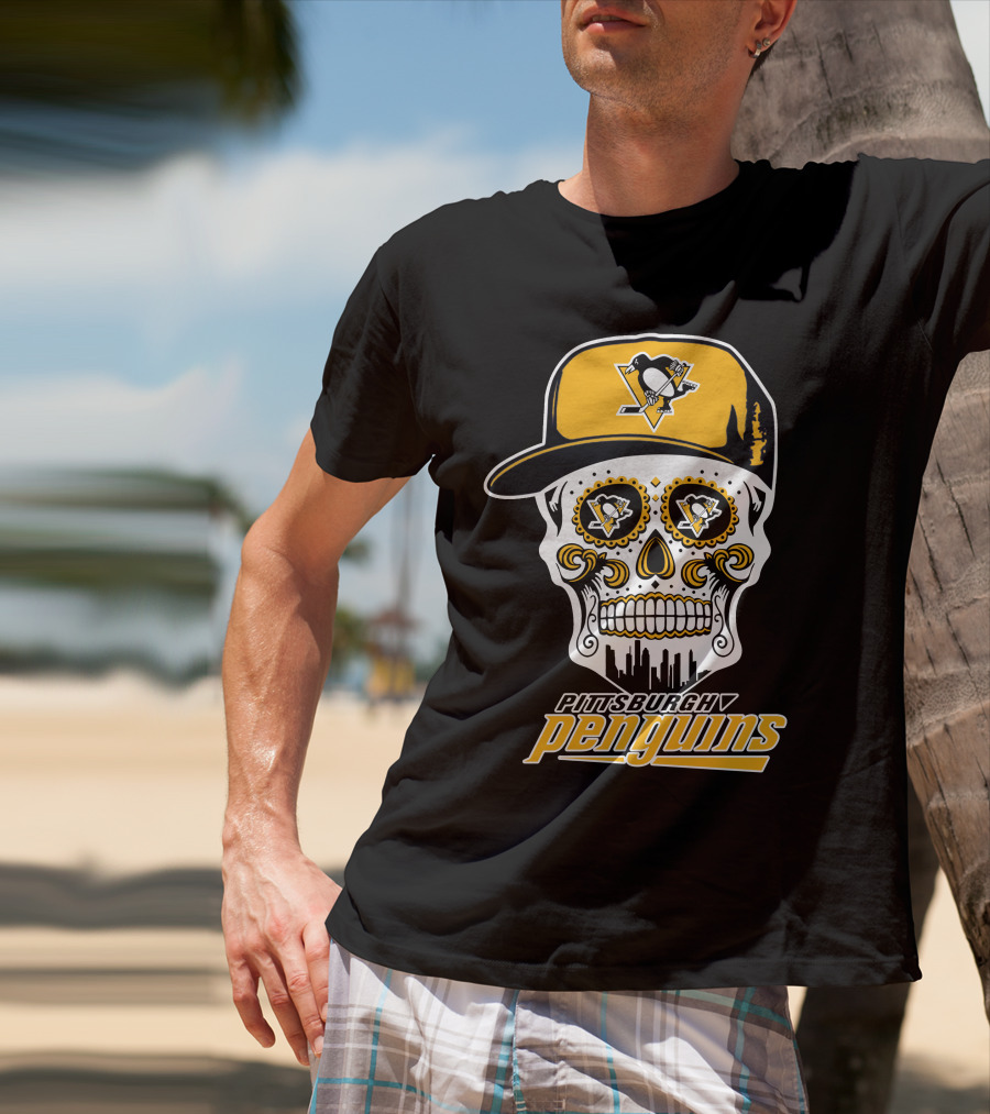 Pittsburgh Penguins Skull Hat Logo Skyline T-Shirt
