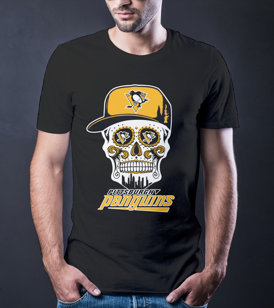 Pittsburgh Penguins Skull Hat Logo Skyline T-Shirt