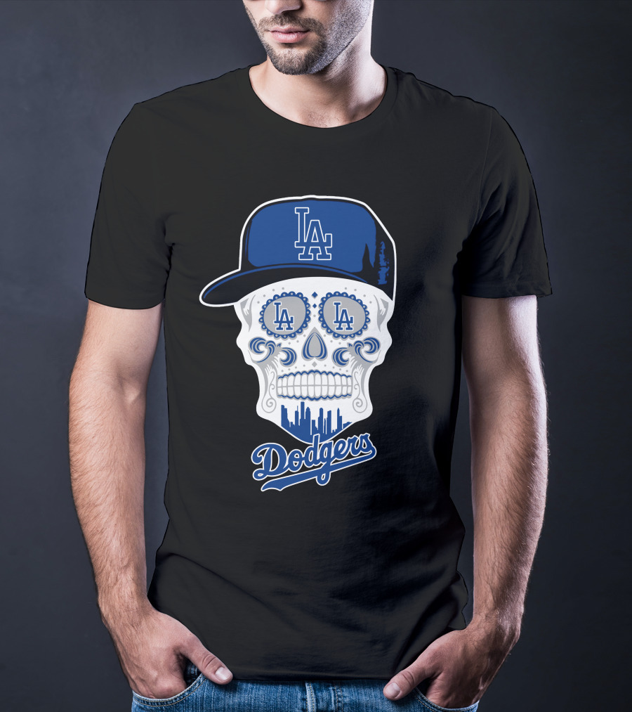 Los Angeles Dodgers Skull La Hat Blue City Skyline T-Shirt