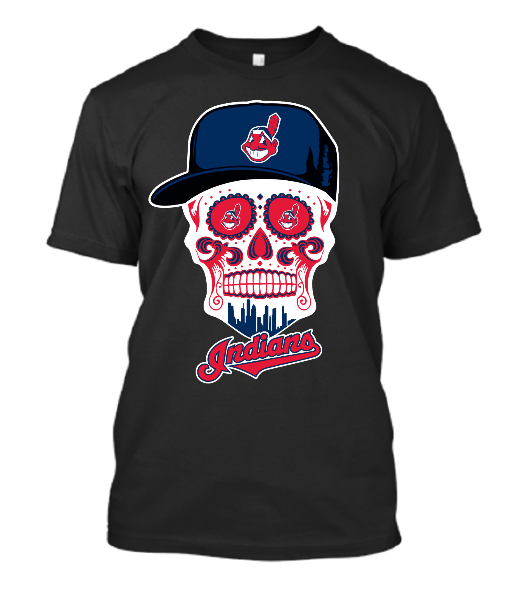 Cleveland Indians Sugar Skull With Baseball Cap And Skyline T-Shirt