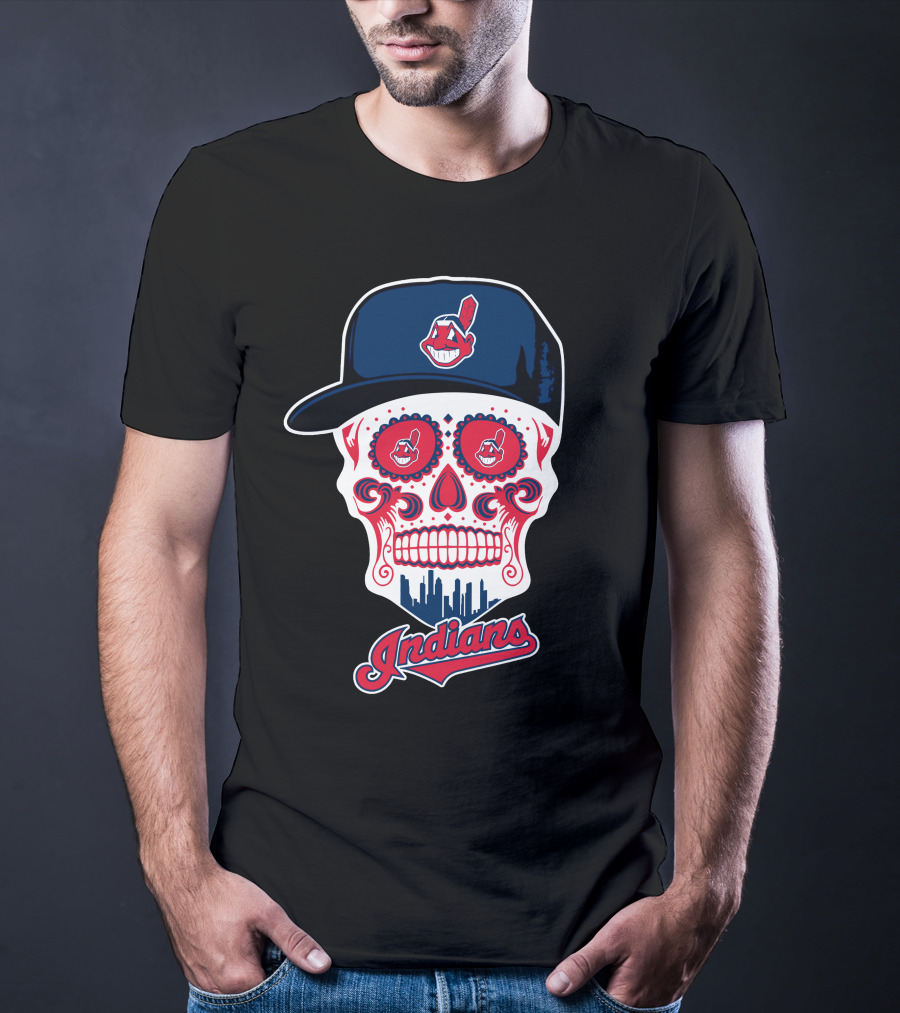 Cleveland Indians Sugar Skull With Baseball Cap And Skyline T-Shirt