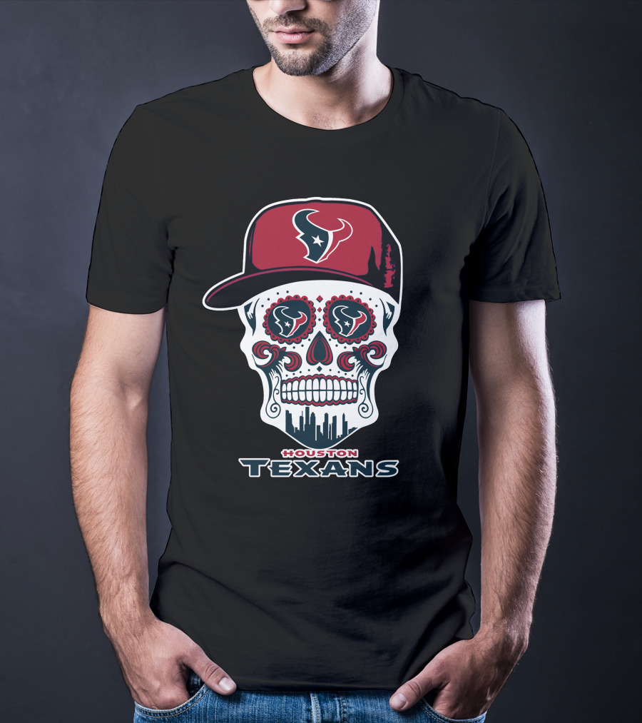 Houston Texans Skull With Cap And City Skyline T-Shirt