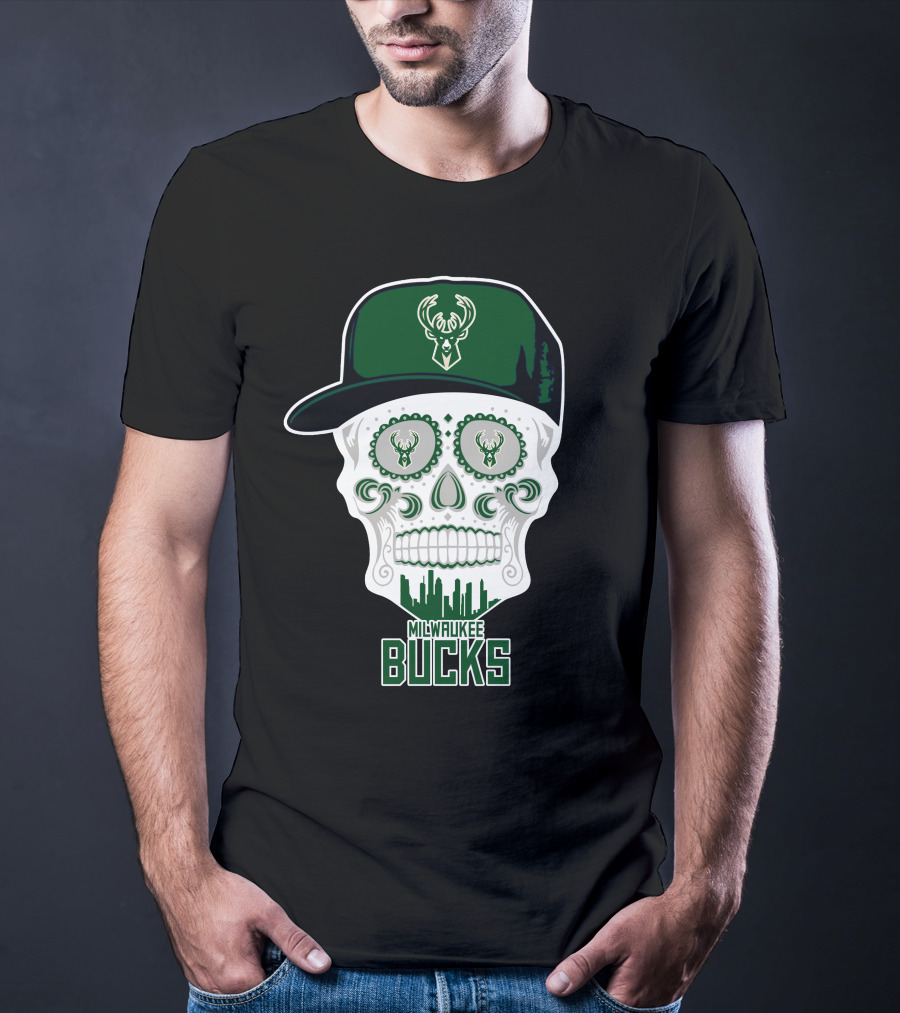 Milwaukee Bucks Skull With Cap And Skyline T-Shirt