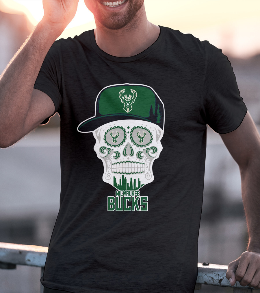 Milwaukee Bucks Skull With Cap And Skyline T-Shirt