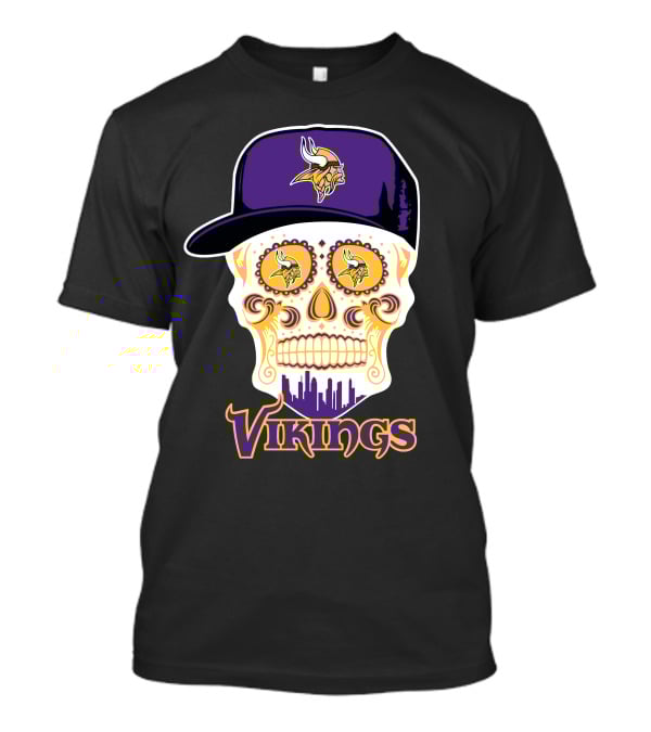 Minnesota Vikings Skull With Purple Hat And City Skyline T-Shirt