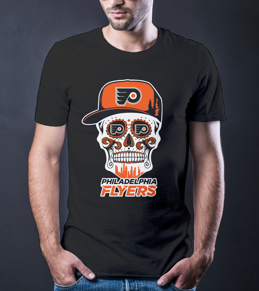 Philadelphia Flyers Skull Art With Cap And Skyline T-Shirt