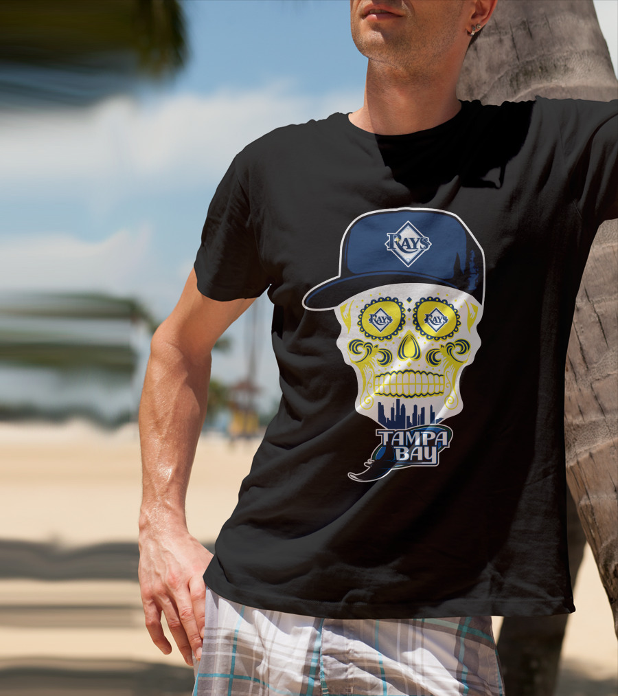 Tampa Bay Rays Skull With Hat And City Skyline T-Shirt
