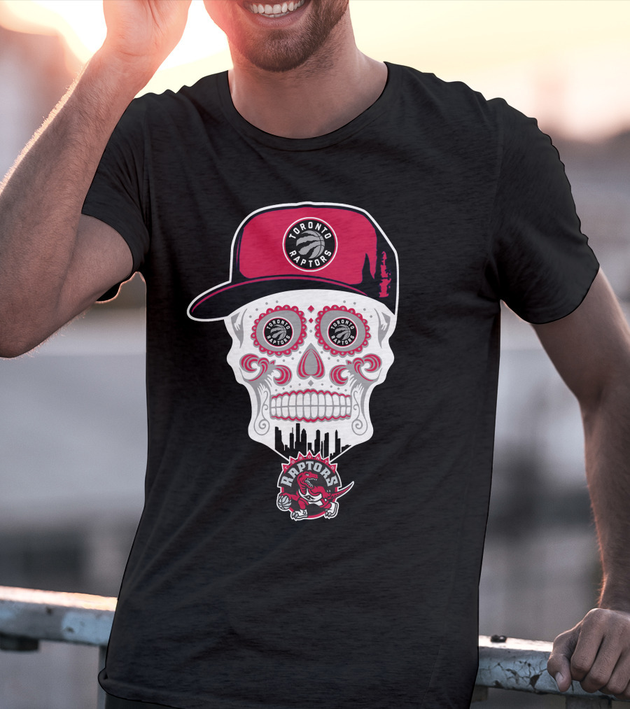 Toronto Raptors Logo Skull With Hat And Skyline T-Shirt