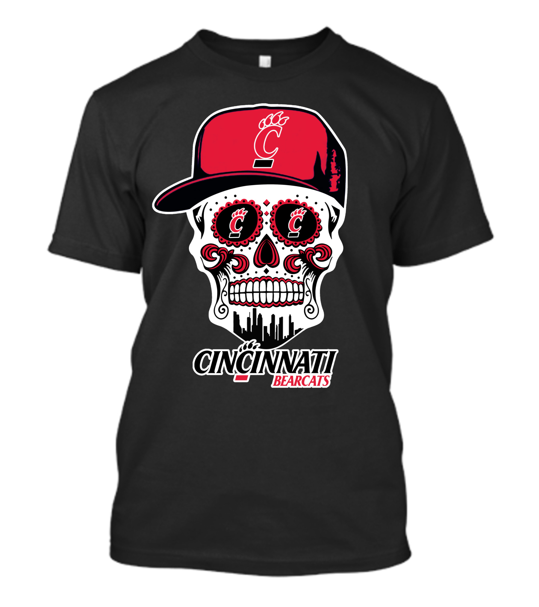 Cincinnati Bearcats Skull With Red Cap And Cityscape Elements T-Shirt