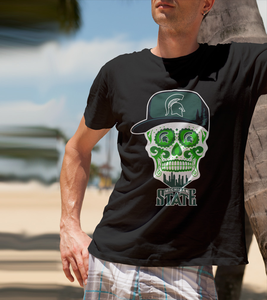 Michigan State Spartans Skull With Hat And Cityscape T-Shirt
