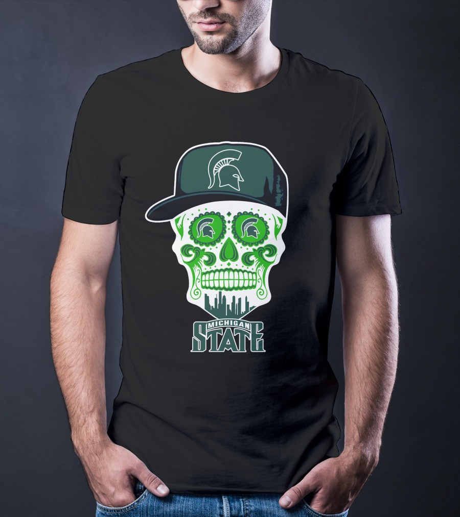 Michigan State Spartans Skull With Hat And Cityscape T-Shirt