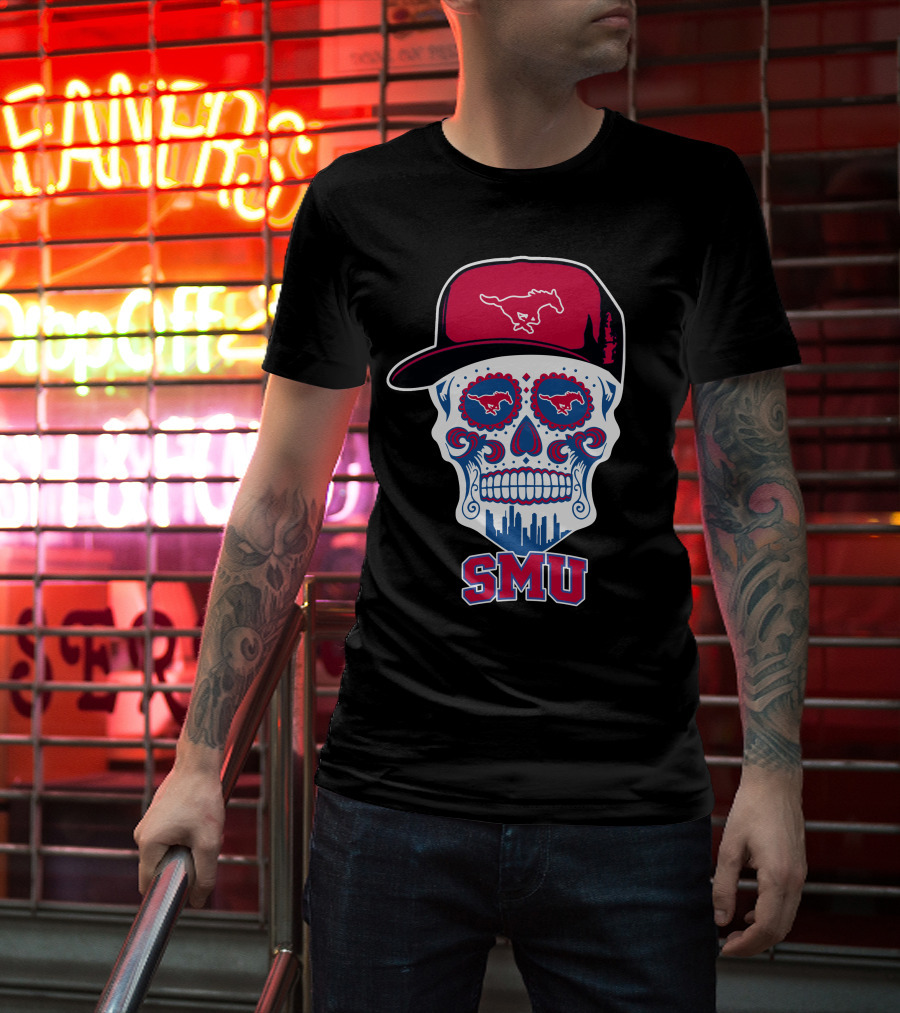 Smu Mustangs Skull With Hat And Skyline T-Shirt