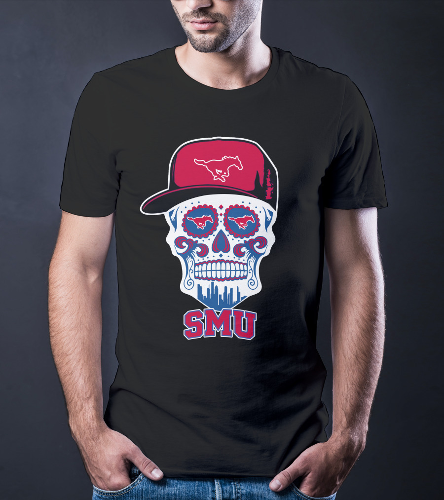 Smu Mustangs Skull With Hat And Skyline T-Shirt