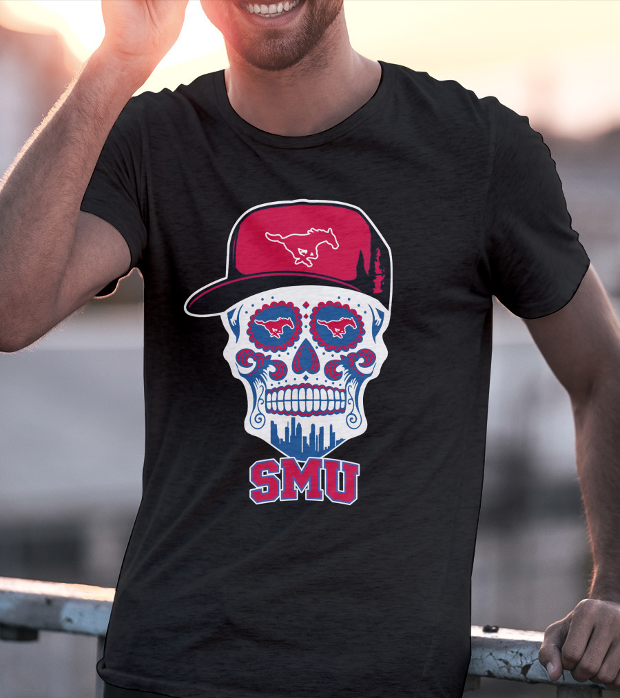 Smu Mustangs Skull With Hat And Skyline T-Shirt