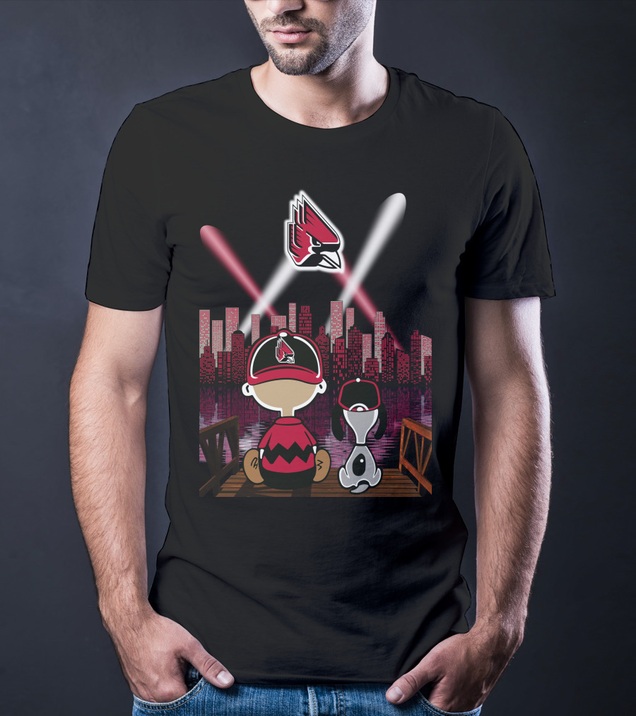 Ball State Cardinals City By Night Skyline Kids And Dog With Spotlight T-Shirt