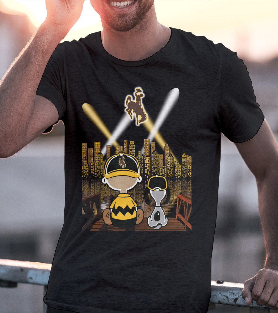 Wyoming Cowboys City At Night With Characters And Skyline T-Shirt