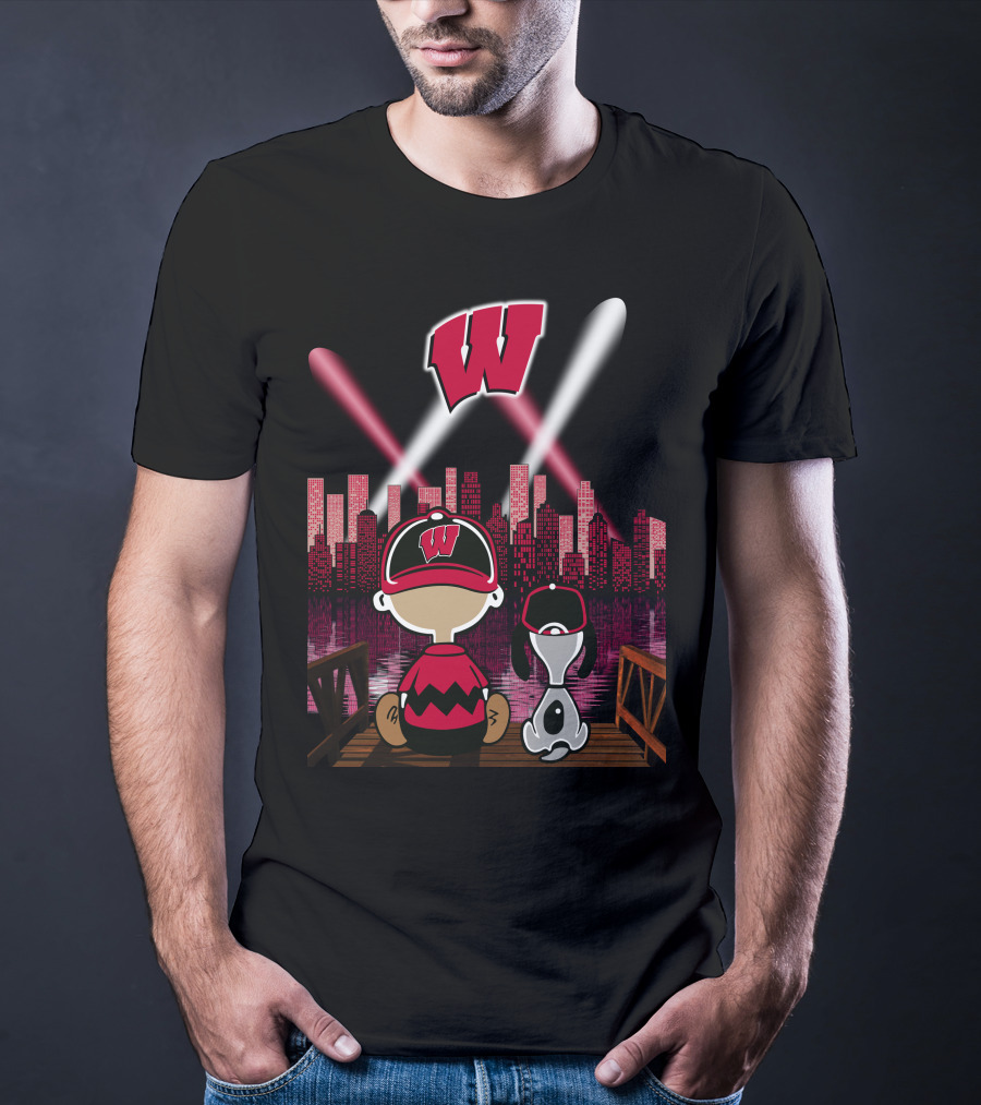 Wisconsin Badgers Night City Skyline With Cartoon Characters T-Shirt