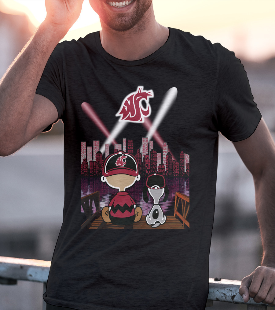 Washington State Cougars City Skyline At Night With Characters T-Shirt
