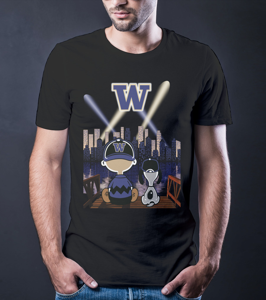 W Washington Huskies City Skyline At Night With Baseball Cap Characters T-Shirt