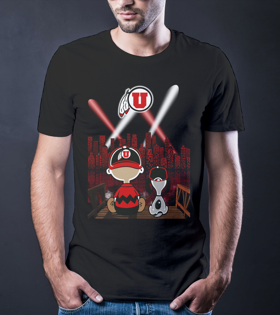 Utah Utes City Skyline Night Scene With Cartoon Characters T-Shirt