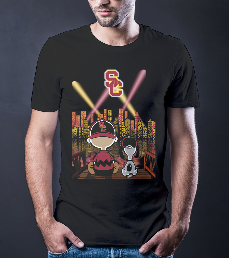 Usc Trojans Nighttime Cityscape With Cartoon Figures T-Shirt