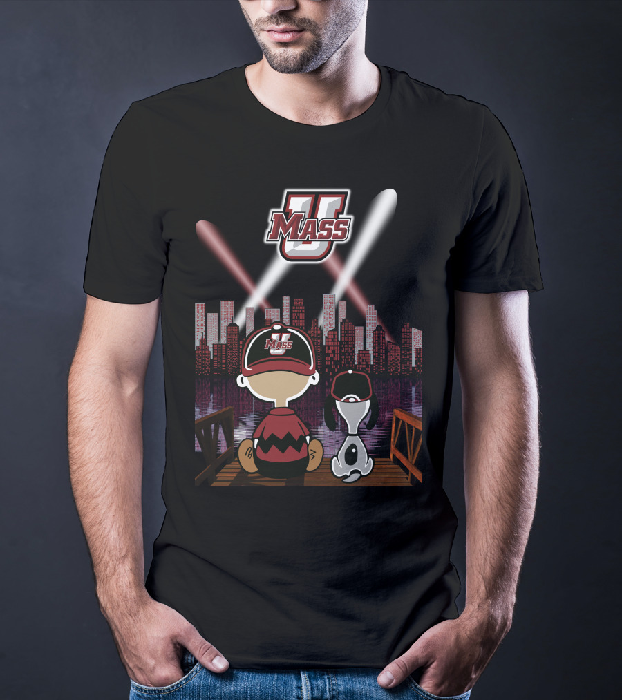Umass Minutemen Downtown Skyline At Night With Cartoon Duo T-Shirt