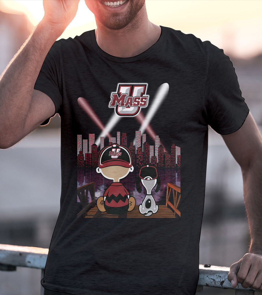 Umass Minutemen Downtown Skyline At Night With Cartoon Duo T-Shirt
