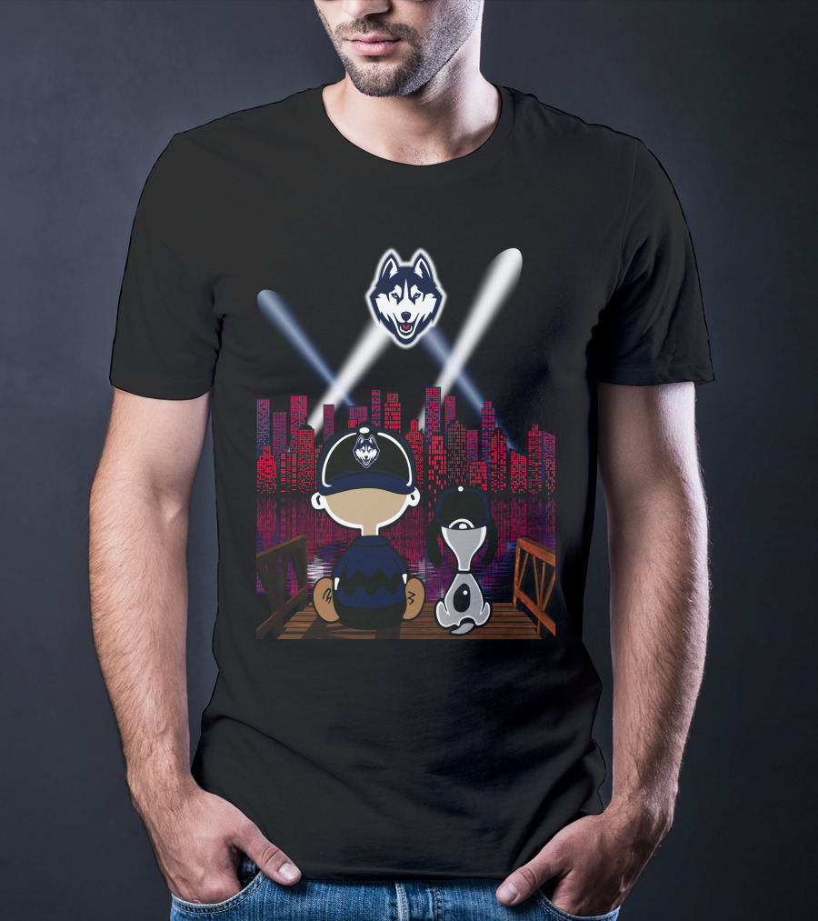 Uconn Huskies Skyline Night Lights With Cartoon Characters And Dog T-Shirt