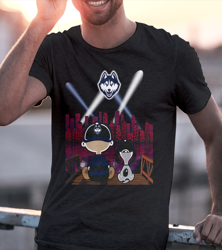 Uconn Huskies Skyline Night Lights With Cartoon Characters And Dog T-Shirt