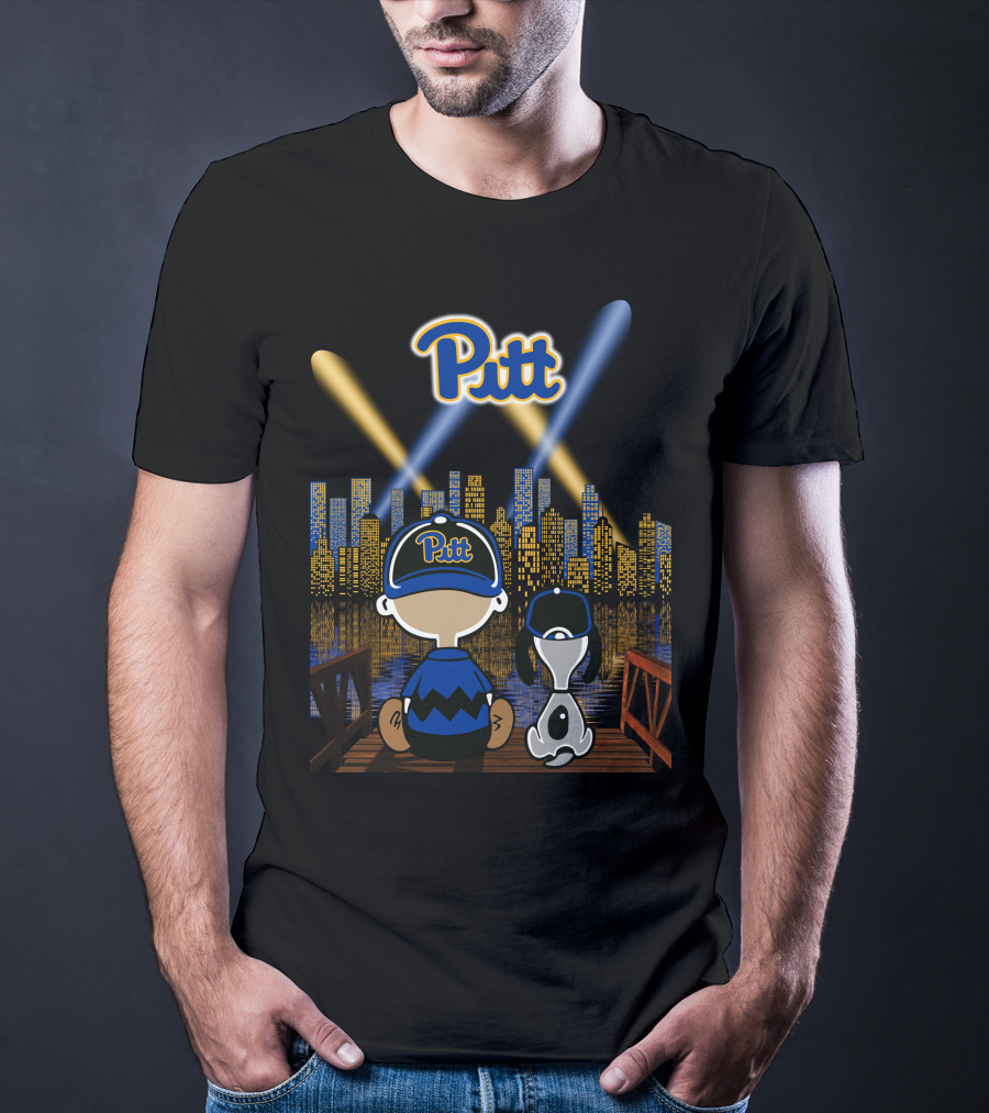 Pitt Panthers Nighttime Cityscape With Skyline And Characters T-Shirt