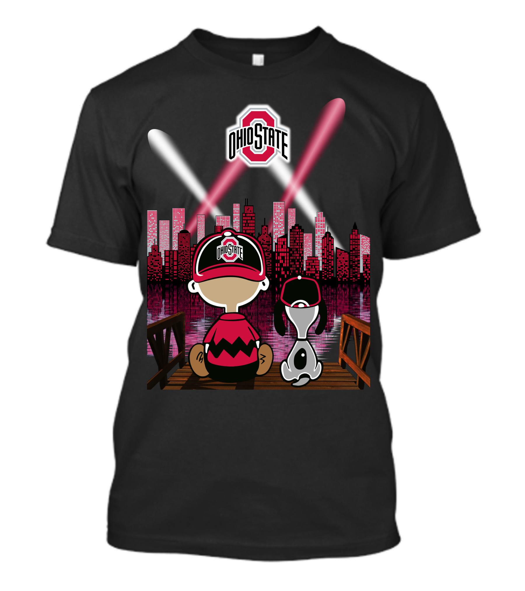 Ohio State Buckeyes Charlie Brown Snoopy City Skyline Night Scene T-Shirt