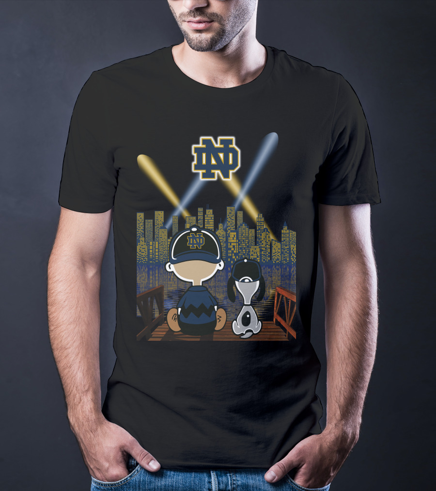 Notre Dame Fighting Irish City Skyline Night Scene With Kids And Dog T-Shirt