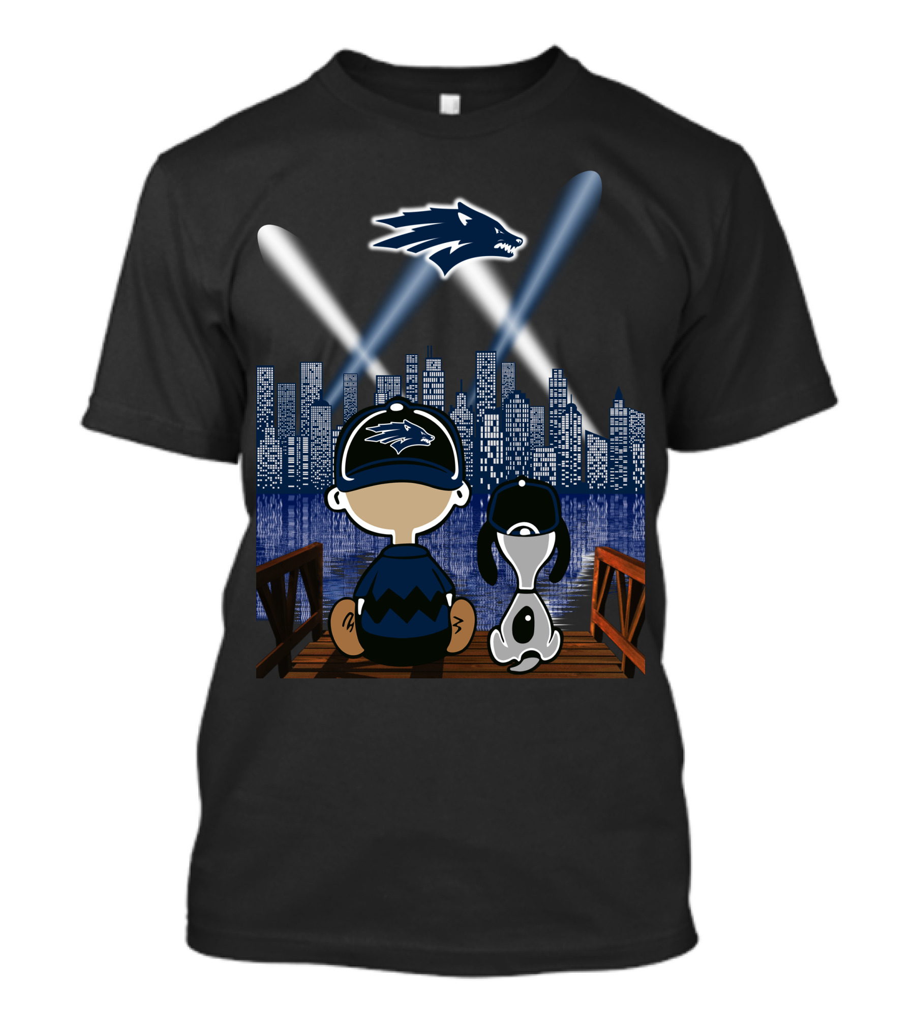 Nevada Wolf Pack Skyline At Night With Mascot And Cartoon Duo T-Shirt