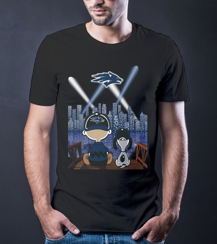 Nevada Wolf Pack Skyline At Night With Mascot And Cartoon Duo T-Shirt