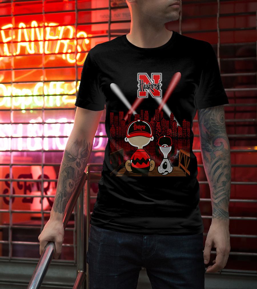 Huskers City By Night With N Logo And Iconic Cartoon Characters On A Bridge T-Shirt