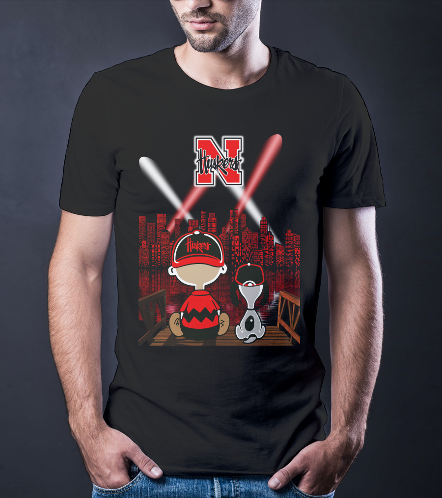 Huskers City By Night With N Logo And Iconic Cartoon Characters On A Bridge T-Shirt
