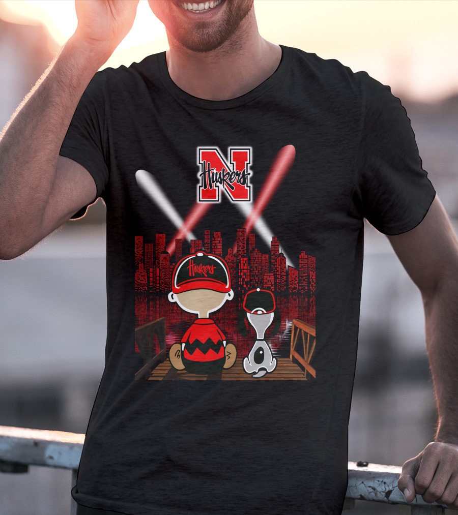 Huskers City By Night With N Logo And Iconic Cartoon Characters On A Bridge T-Shirt