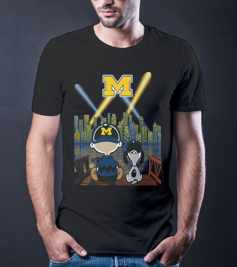 M Michigan Wolverines City By Night Skyline And Characters T-Shirt