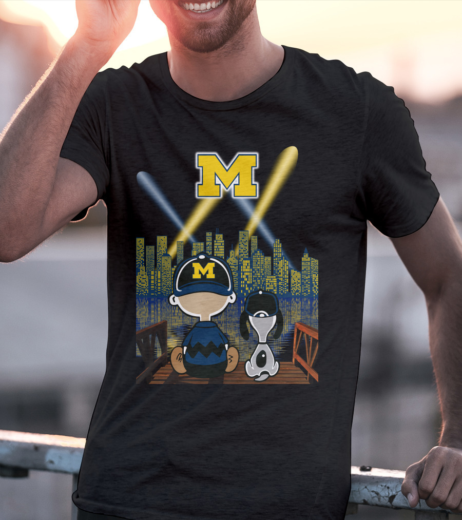 M Michigan Wolverines City By Night Skyline And Characters T-Shirt