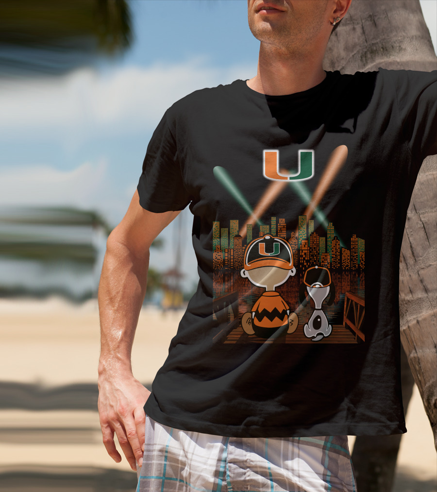 Miami Hurricanes City By Night Skyline Reflections With Characters T-Shirt