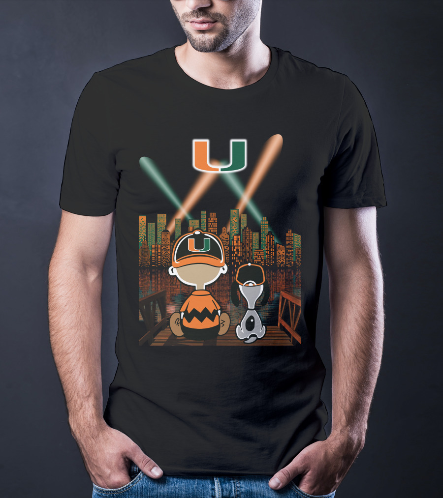 Miami Hurricanes City By Night Skyline Reflections With Characters T-Shirt