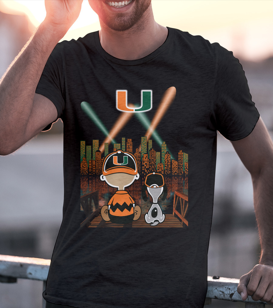 Miami Hurricanes City By Night Skyline Reflections With Characters T-Shirt